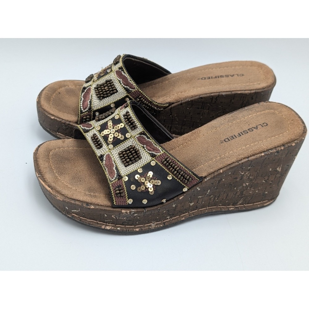 Classified Wedge Sandals Womens 8.5 Black Beaded Boho Y2K Cork Platform Slides